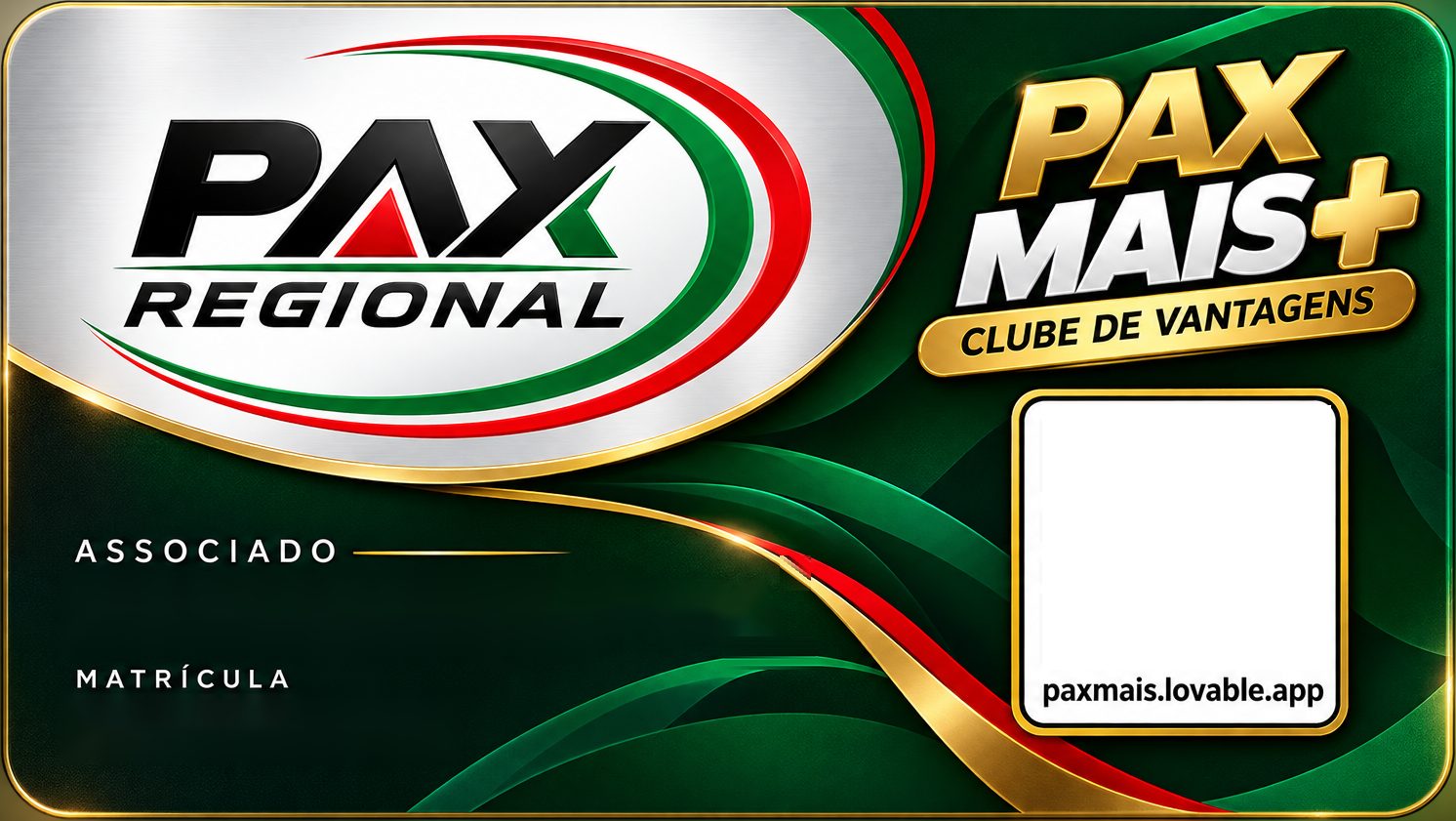 Cartão do Associado Pax Regional, verde com ondas e detalhes dourados, na horizontal